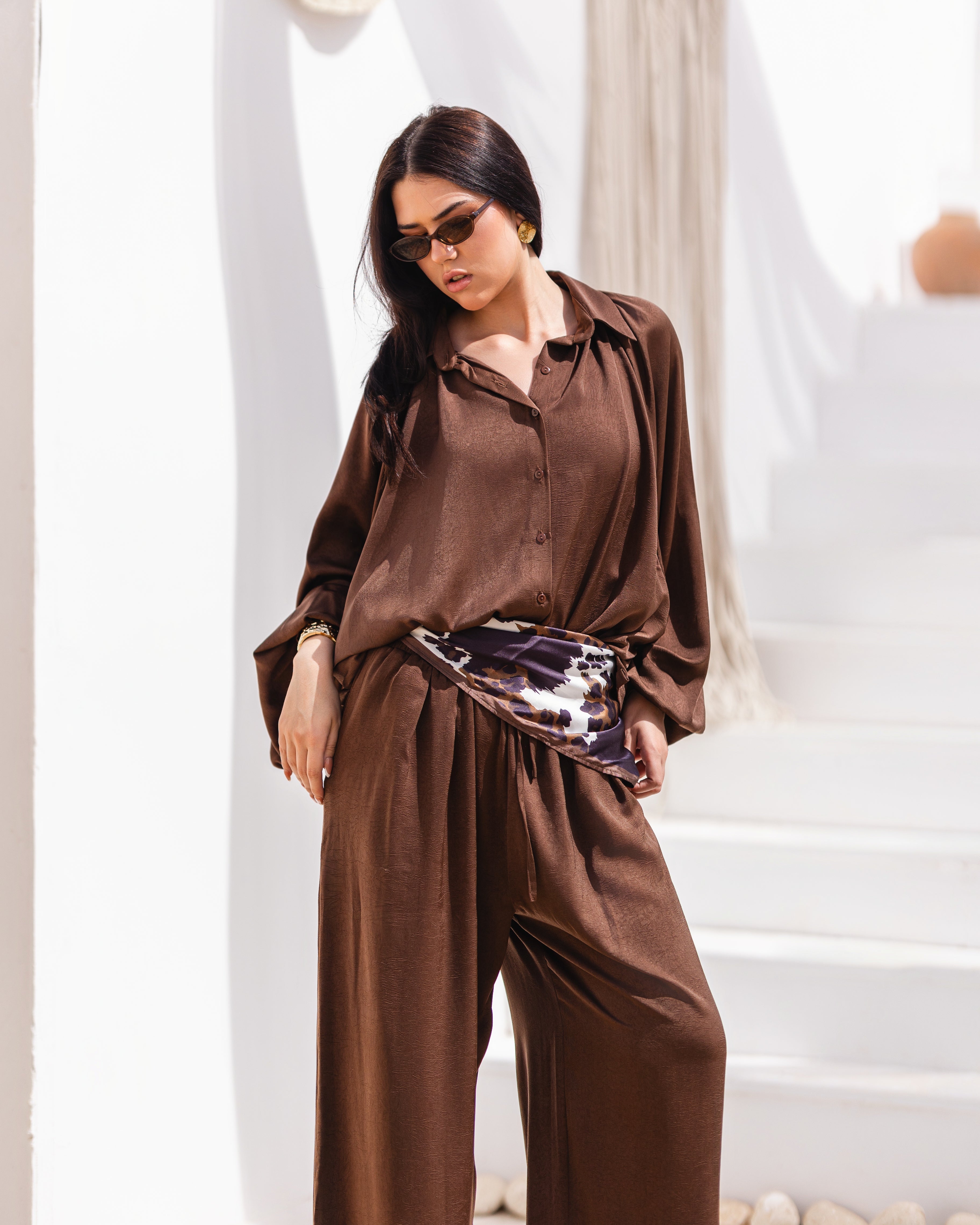 Golden Muse Satin Relaxed Suit with Wide-Leg Pants .