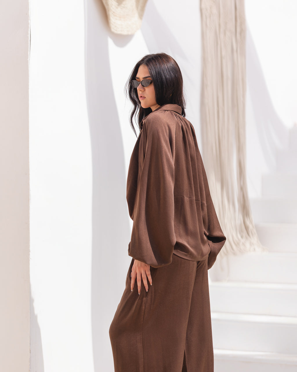 Golden Muse Satin Relaxed Suit with Wide-Leg Pants .