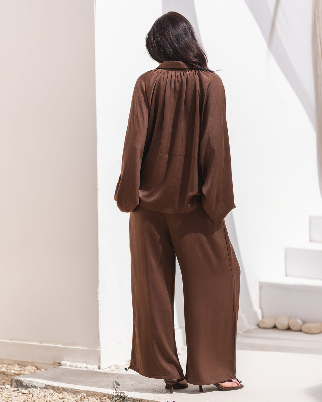 Golden Muse Satin Relaxed Suit with Wide-Leg Pants .
