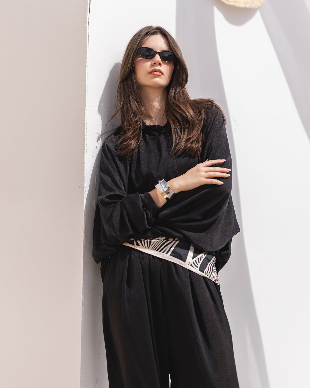 Golden Muse Satin Relaxed Suit with Wide-Leg Pants .