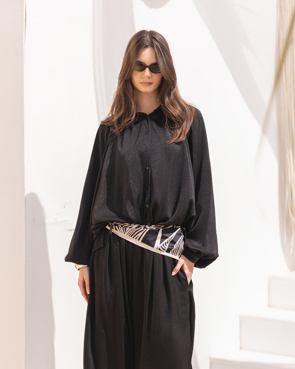 Golden Muse Satin Relaxed Suit with Wide-Leg Pants .