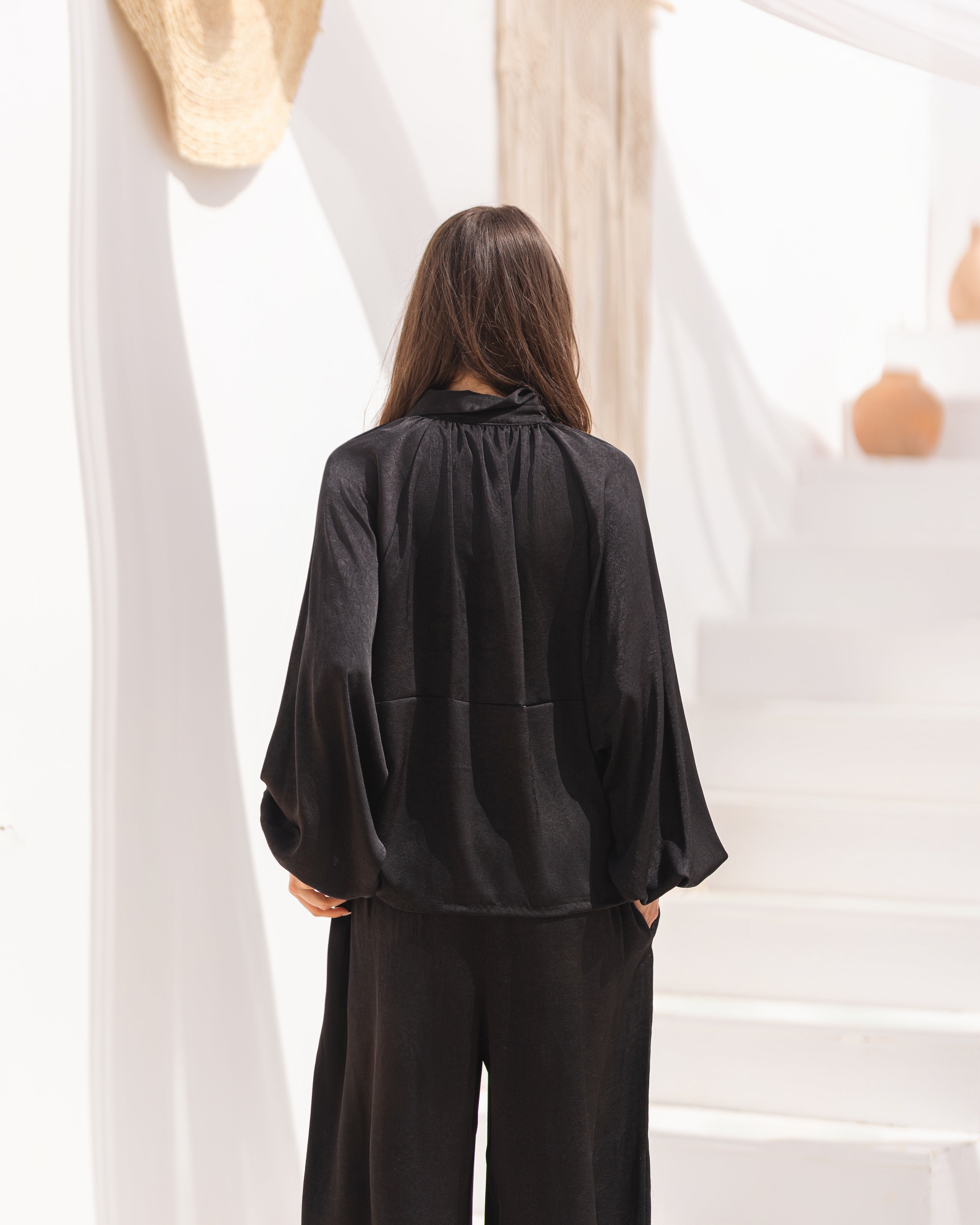 Golden Muse Satin Relaxed Suit with Wide-Leg Pants .