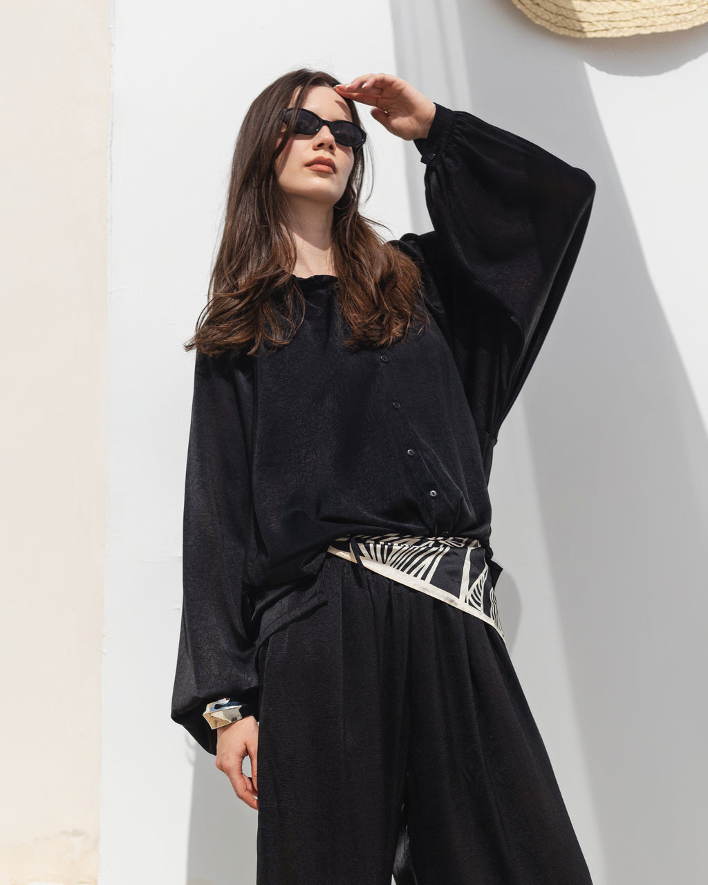 Golden Muse Satin Relaxed Suit with Wide-Leg Pants .