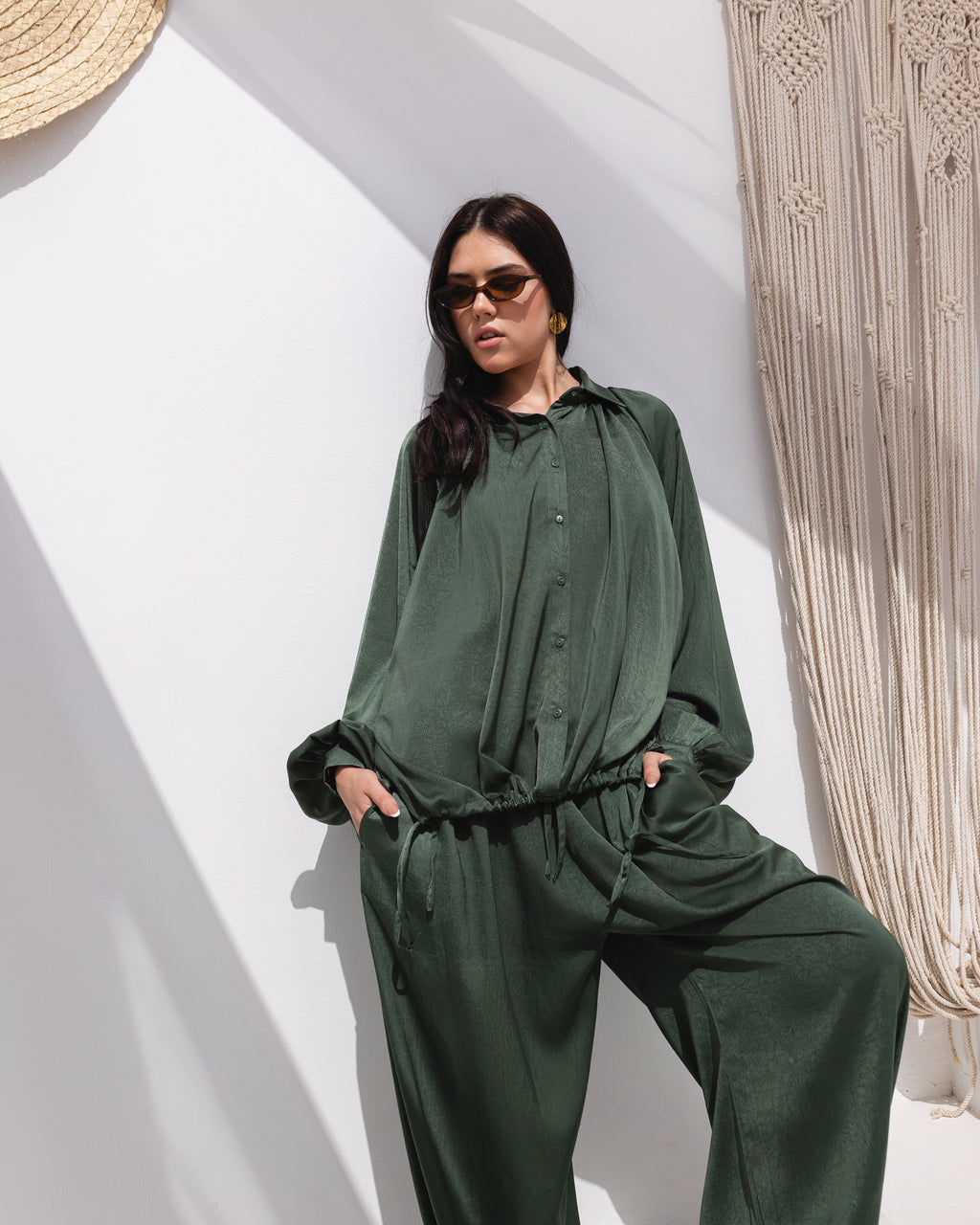 Golden Muse Satin Relaxed Suit with Wide-Leg Pants .