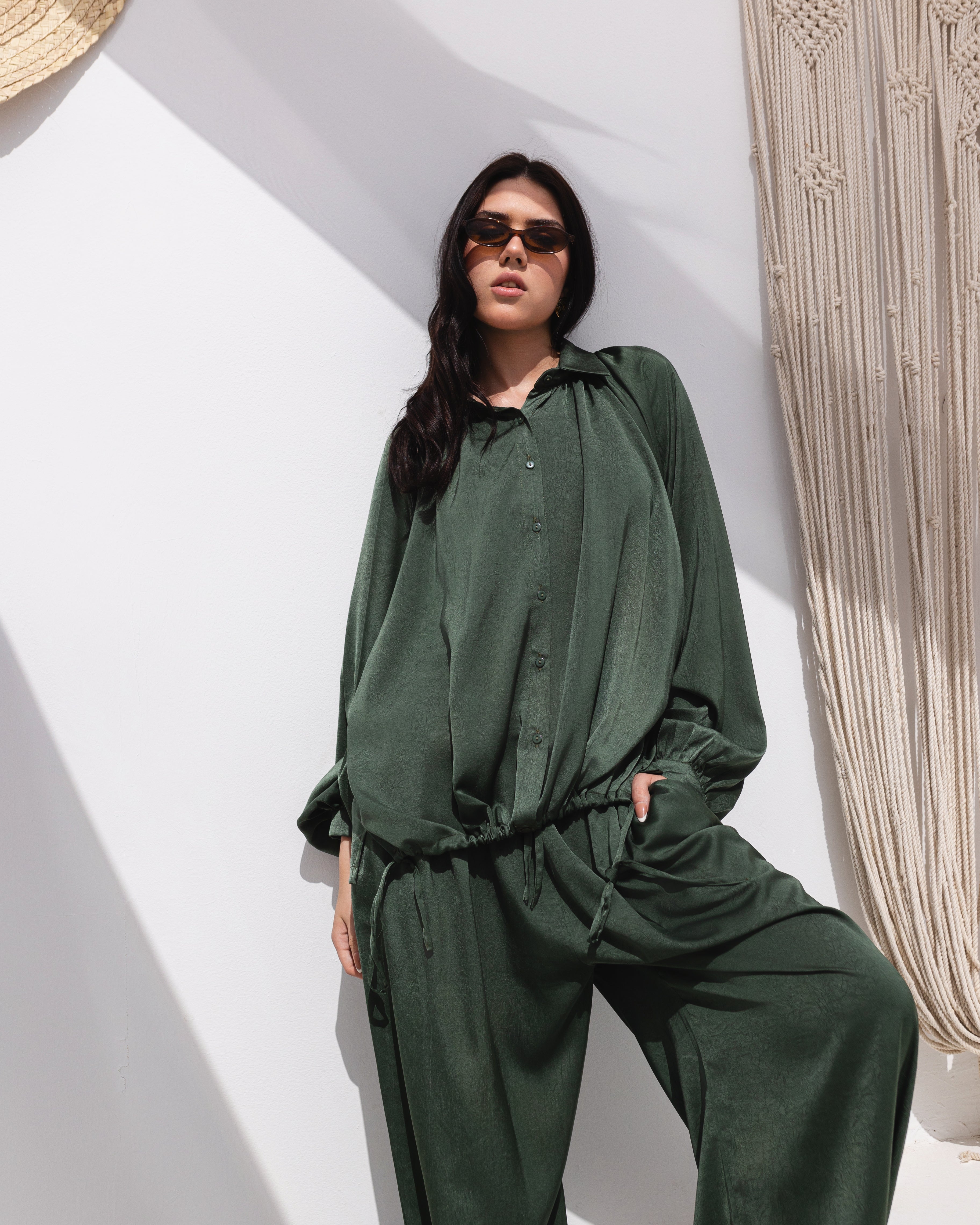 Golden Muse Satin Relaxed Suit with Wide-Leg Pants .