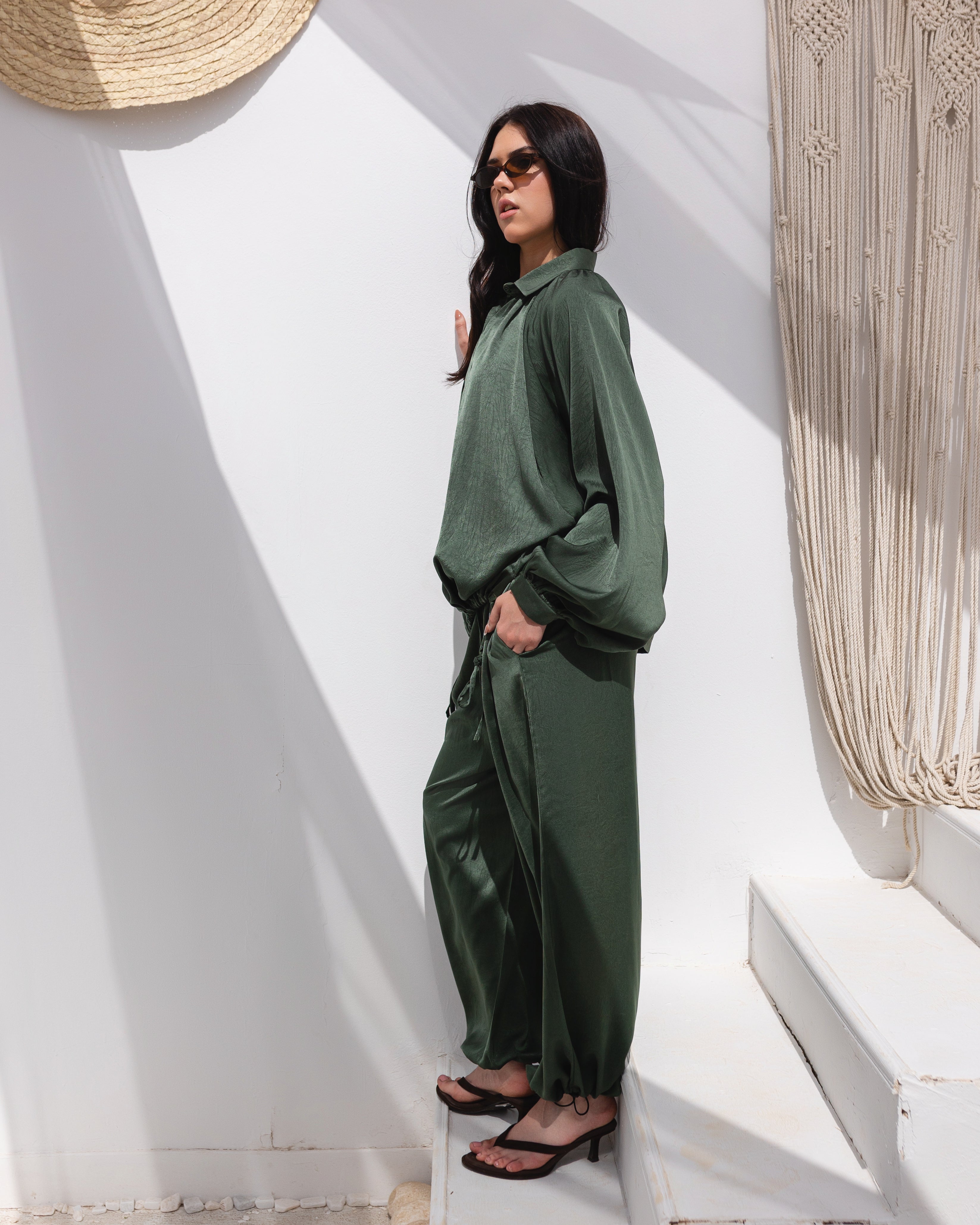 Golden Muse Satin Relaxed Suit with Wide-Leg Pants .