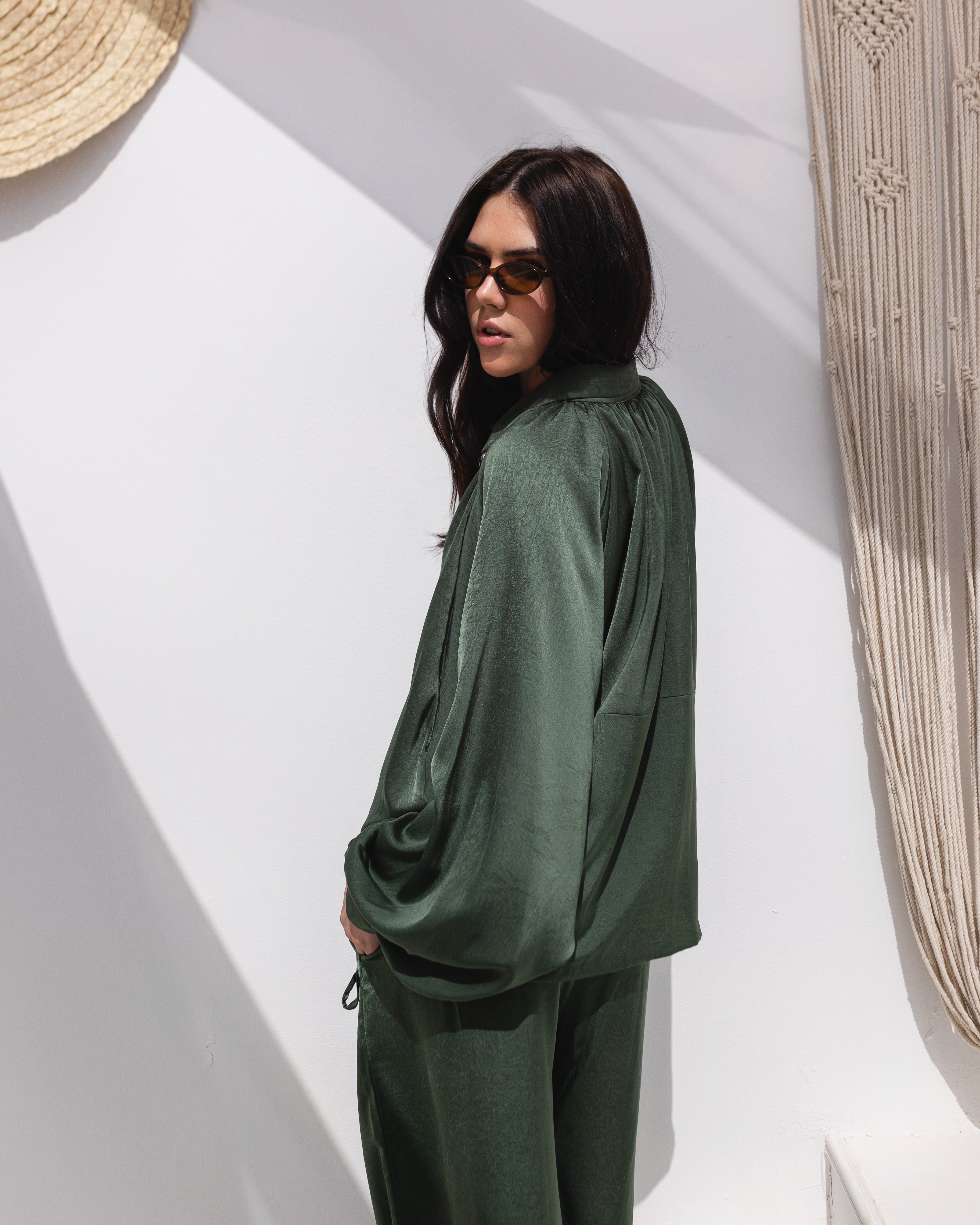 Golden Muse Satin Relaxed Suit with Wide-Leg Pants .