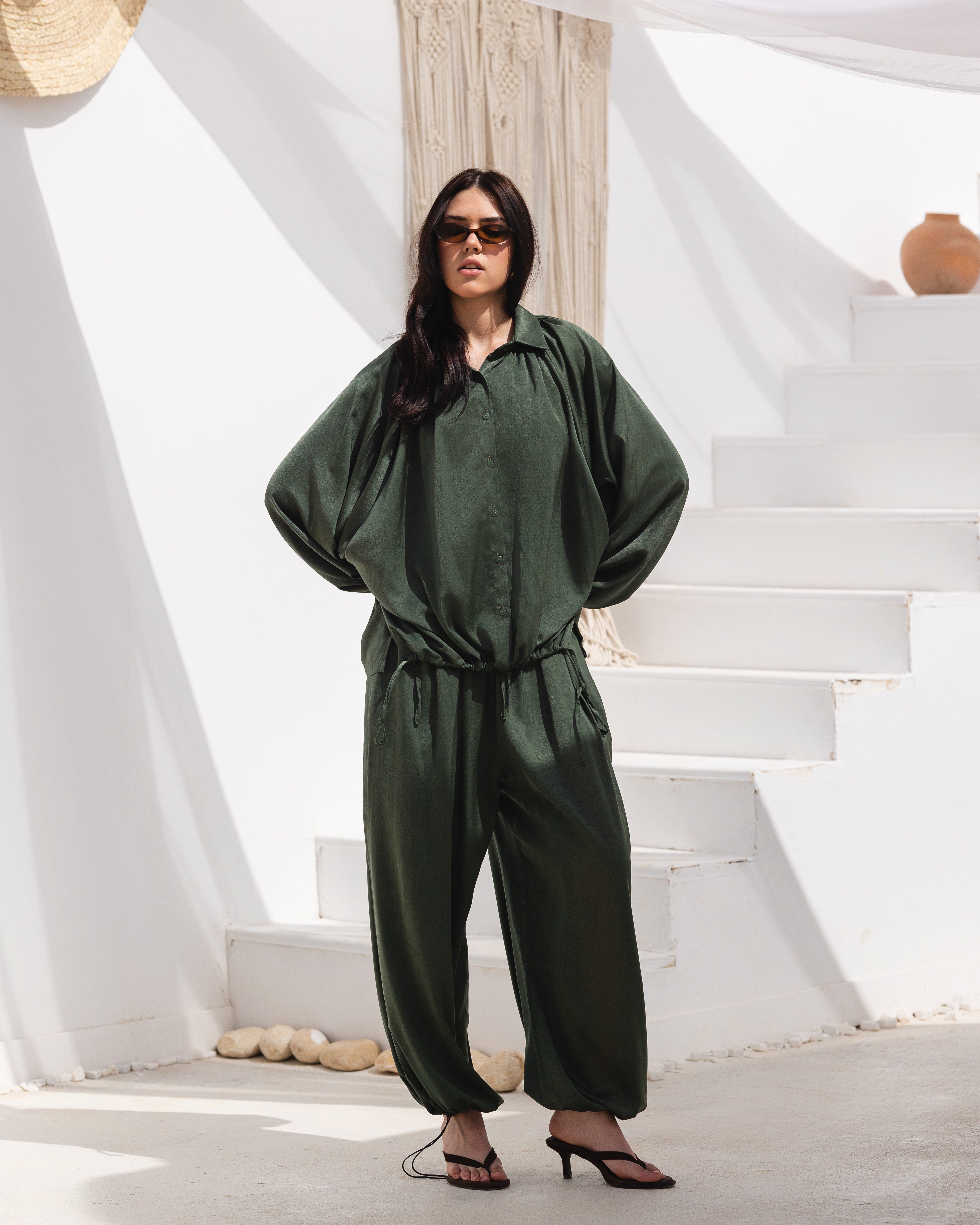 Golden Muse Satin Relaxed Suit with Wide-Leg Pants .