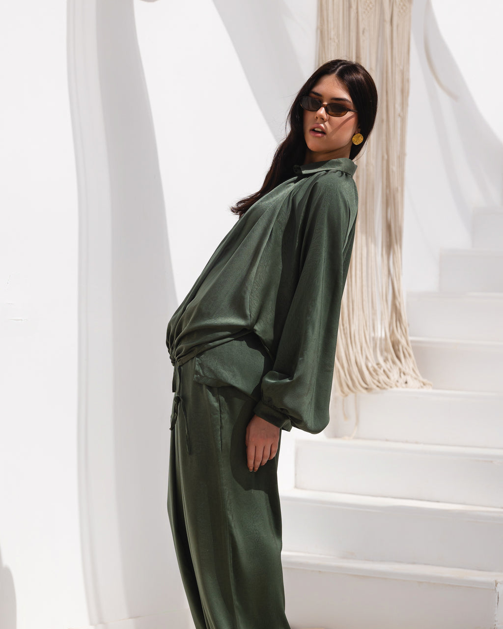 Golden Muse Satin Relaxed Suit with Wide-Leg Pants .