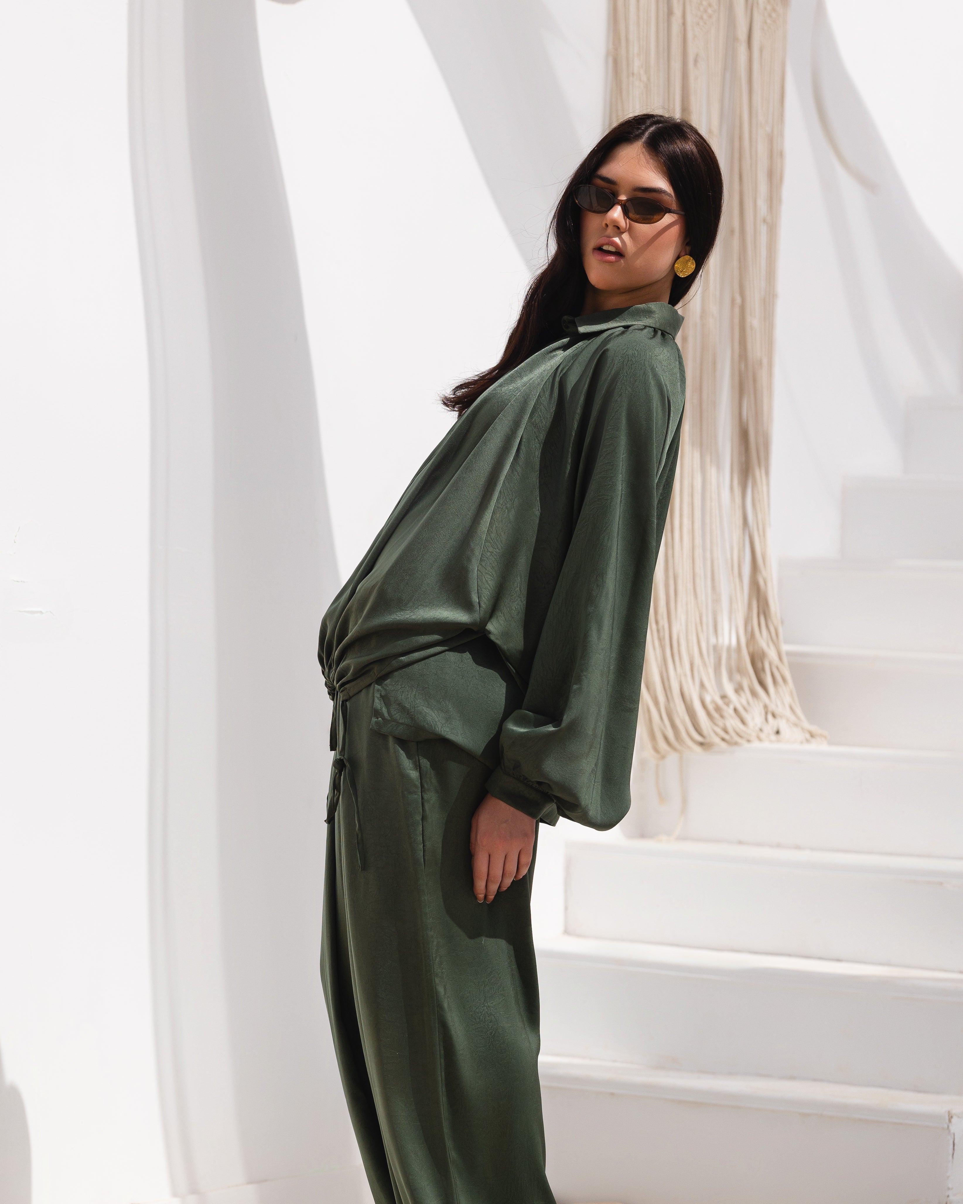 Golden Muse Satin Relaxed Suit with Wide-Leg Pants .