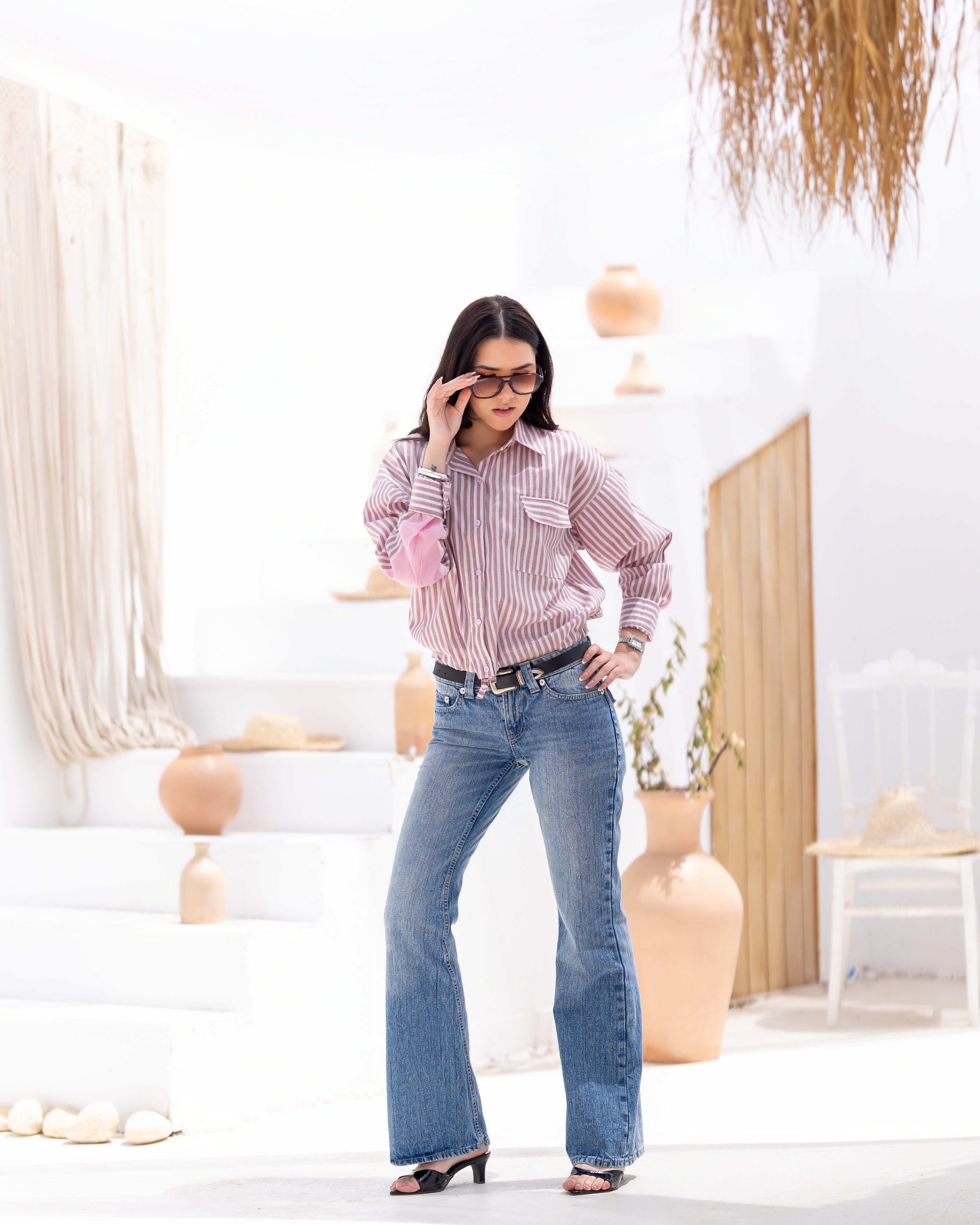 Rosé Striped Bomber Shirt with Plain Details