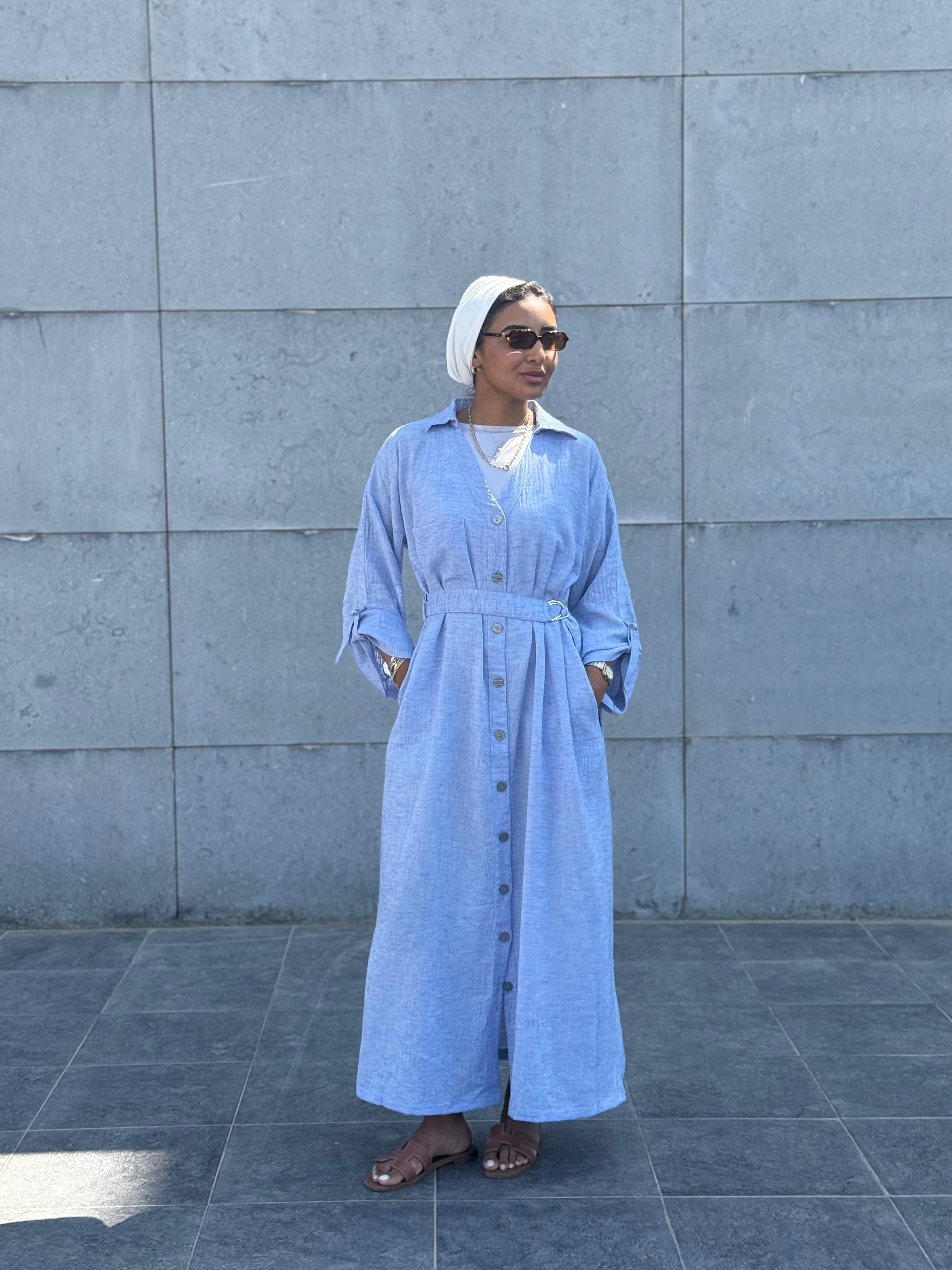 Sky Blue Belted Shirt Dress