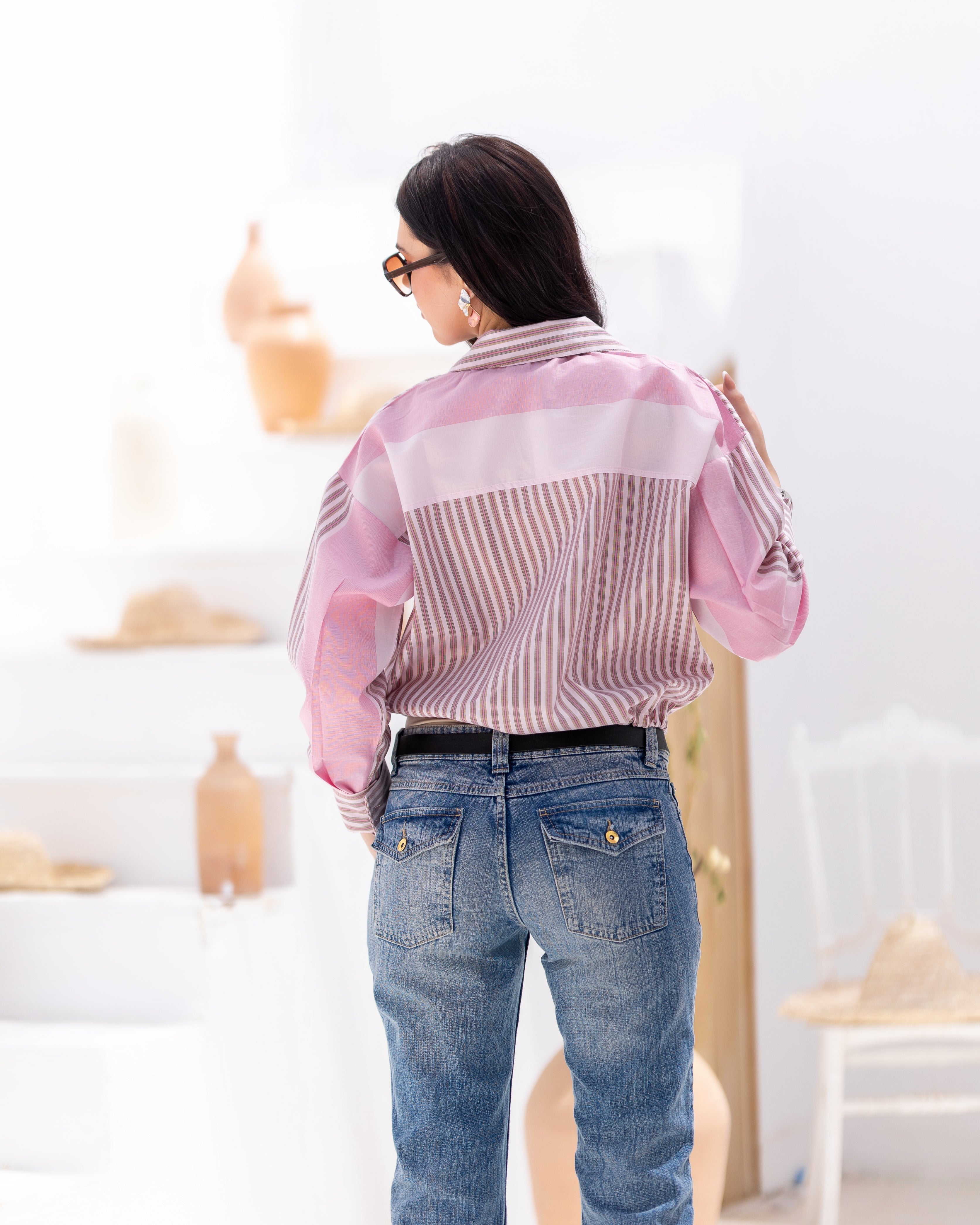 Rosé Striped Bomber Shirt with Plain Details
