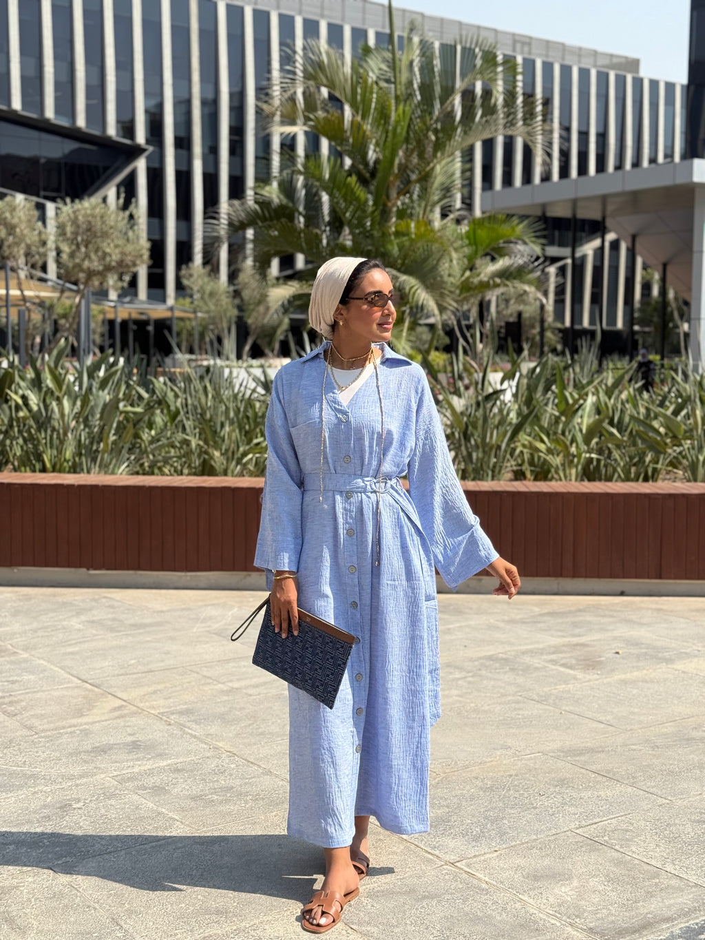 Sky Blue Belted Shirt Dress