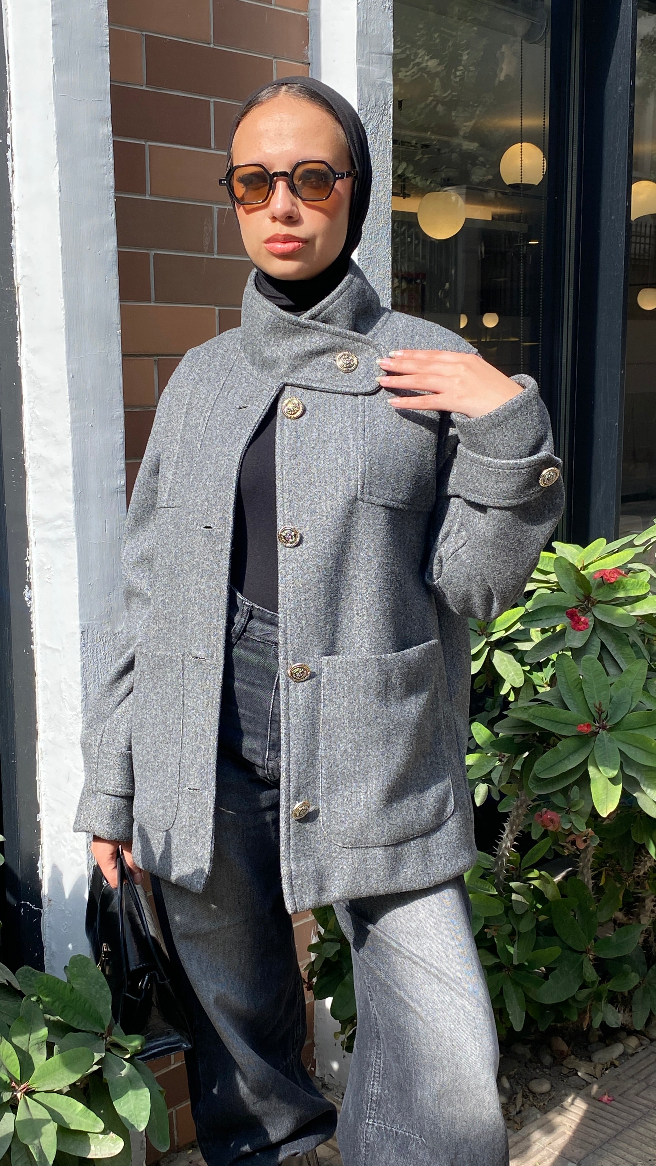 WOOL BLEND BUTTONED COAT WITH STAND COALER