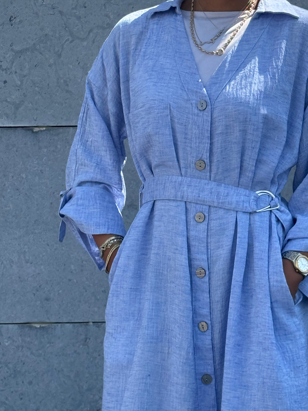 Sky Blue Belted Shirt Dress