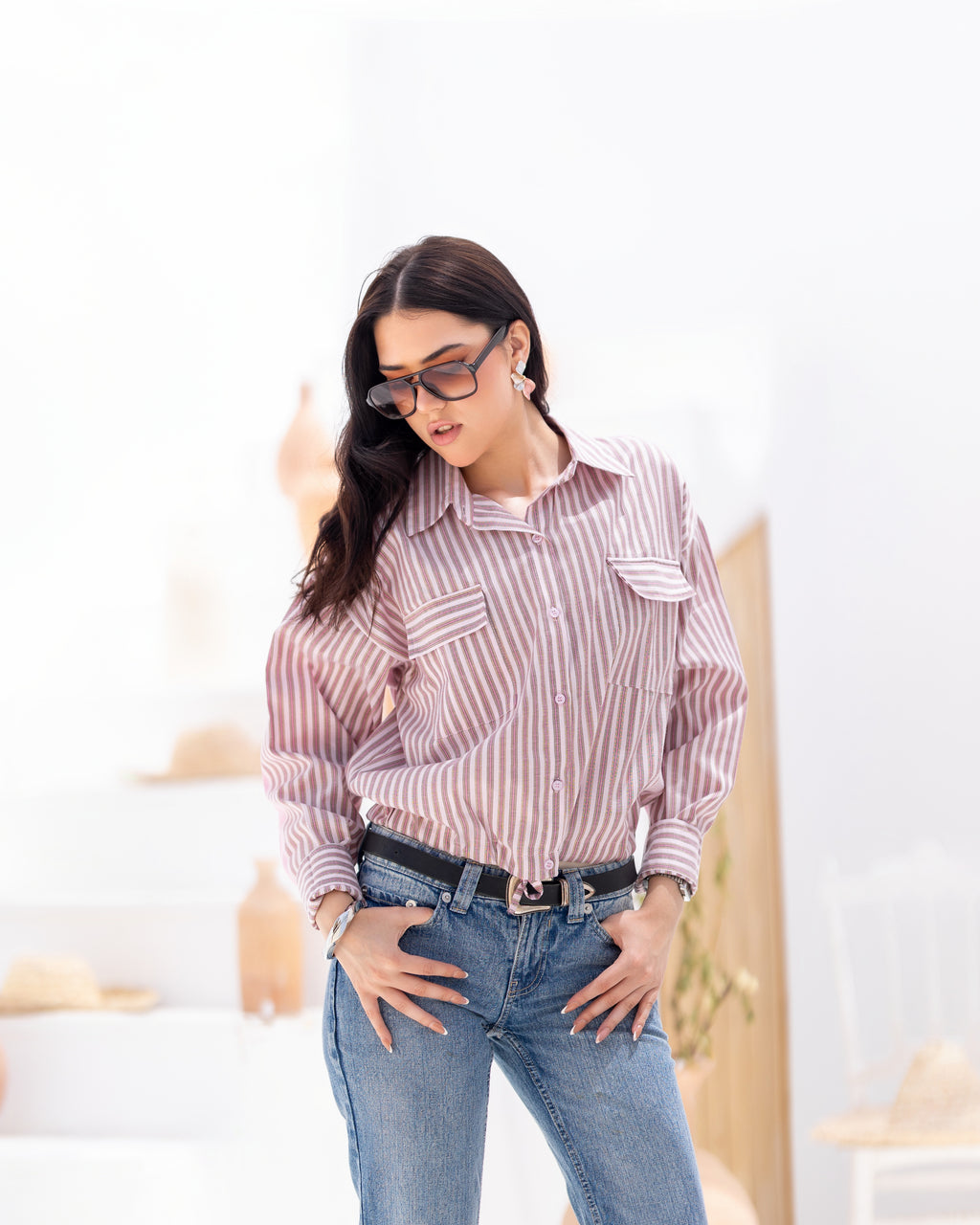 Rosé Striped Bomber Shirt with Plain Details