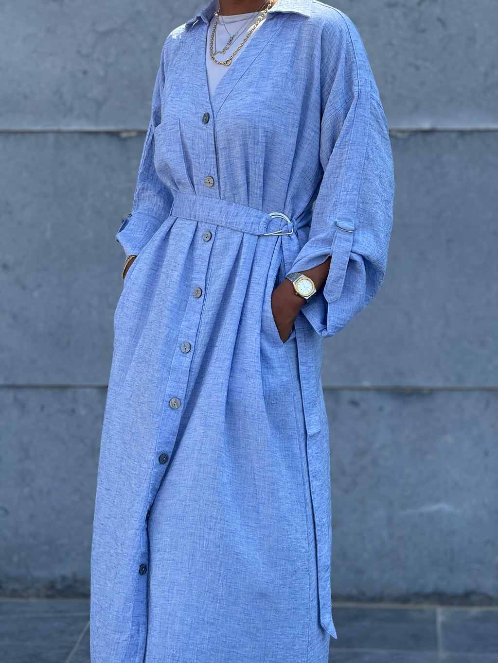 Sky Blue Belted Shirt Dress