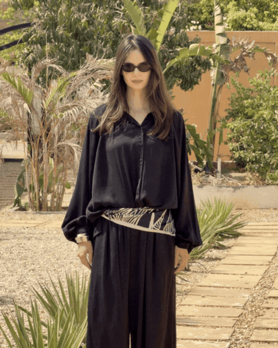 Golden Muse Satin Relaxed Suit with Wide-Leg Pants .