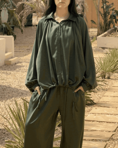 Golden Muse Satin Relaxed Suit with Wide-Leg Pants .